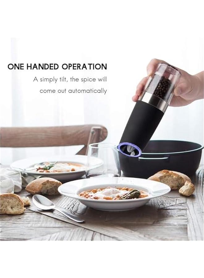 ميكسد مطحنة فلفل كهربائية بالجاذبية من قطعتين، خشونة قابلة للتعديل، مطحنة ملح وفلفل اوتوماتيكية، ضوء LED تعمل بالبطارية، تشغيل تلقائي بيد واحدة، ستانلس ستيل اسود - Image 3