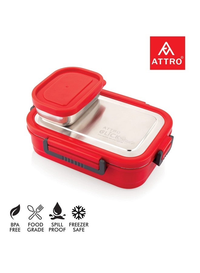 Attro Click Style Stainless Steel Insulated Airtight Leak-Proof Lunch Box for Office, School, Picnic, 800 Ml- Red - Image 2