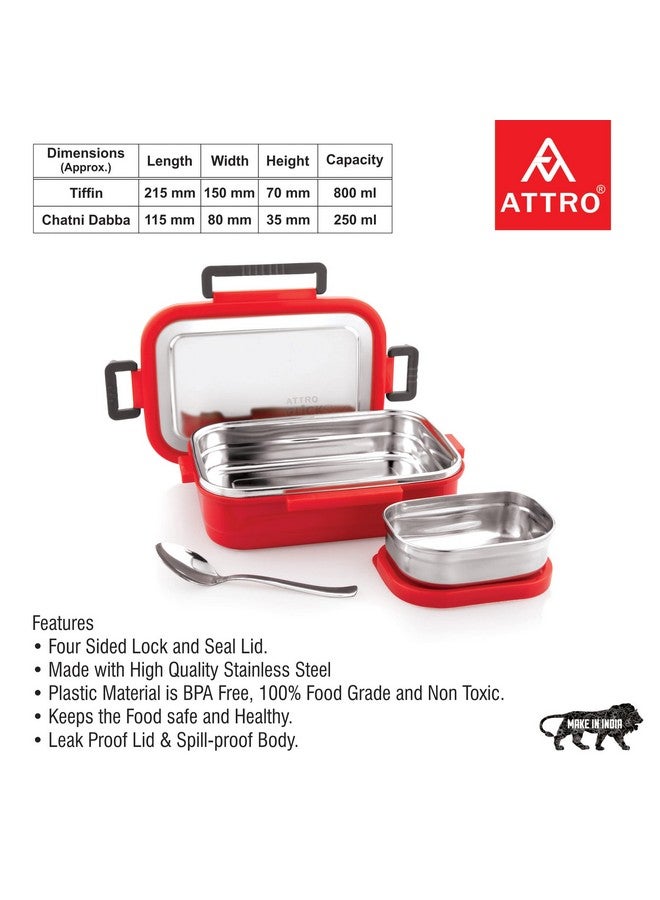 Attro Click Style Stainless Steel Insulated Airtight Leak-Proof Lunch Box for Office, School, Picnic, 800 Ml- Red - Image 4