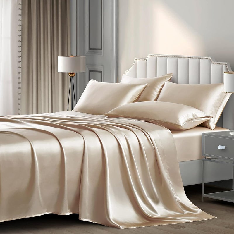 P Pothuiny Satin Sheets Full (6 Pieces, Taupe) - Luxury Silky Satin Bed Sheets Full Bedding Set, Extra Soft Satin Sheet Set, 1 Satin Fitted Sheet + 1 Flat Sheet + 4 Pillow Cases - Image 1