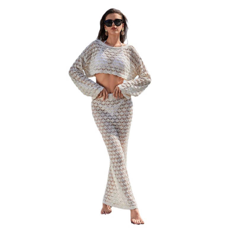 Women's Knitted Beach Cover Up Set Sexy Hollow Out Bikini Sarong Wrap - Image 2