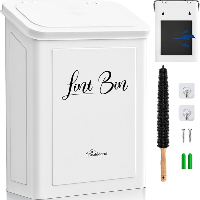 Sealegend Magnetic Lint Bin for Laundry Room with Dryer Lint Brush, Wall Mounted Metal Trash Can with Lid for Dryer, Space-Saving Laundry Organization and Storage, White - Image 1