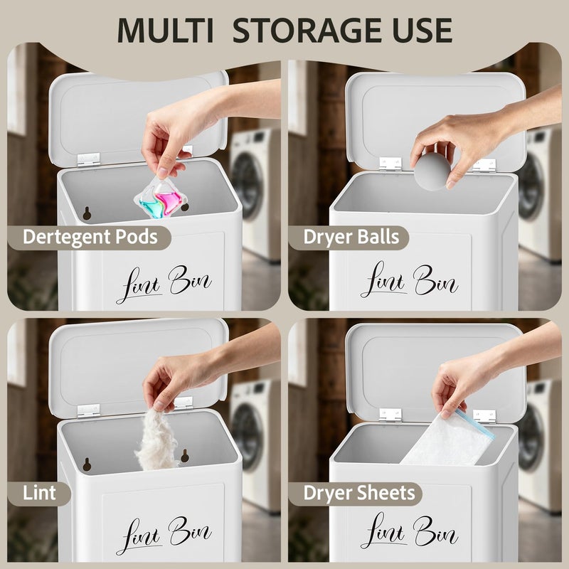 Sealegend Magnetic Lint Bin for Laundry Room with Dryer Lint Brush, Wall Mounted Metal Trash Can with Lid for Dryer, Space-Saving Laundry Organization and Storage, White - Image 5