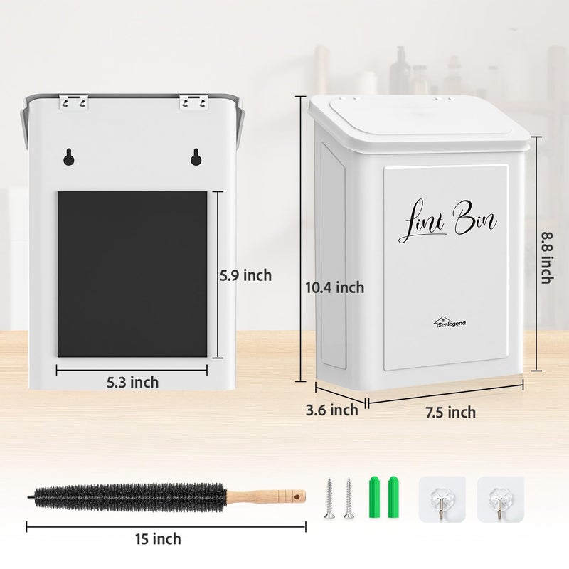 Sealegend Magnetic Lint Bin for Laundry Room with Dryer Lint Brush, Wall Mounted Metal Trash Can with Lid for Dryer, Space-Saving Laundry Organization and Storage, White - Image 2