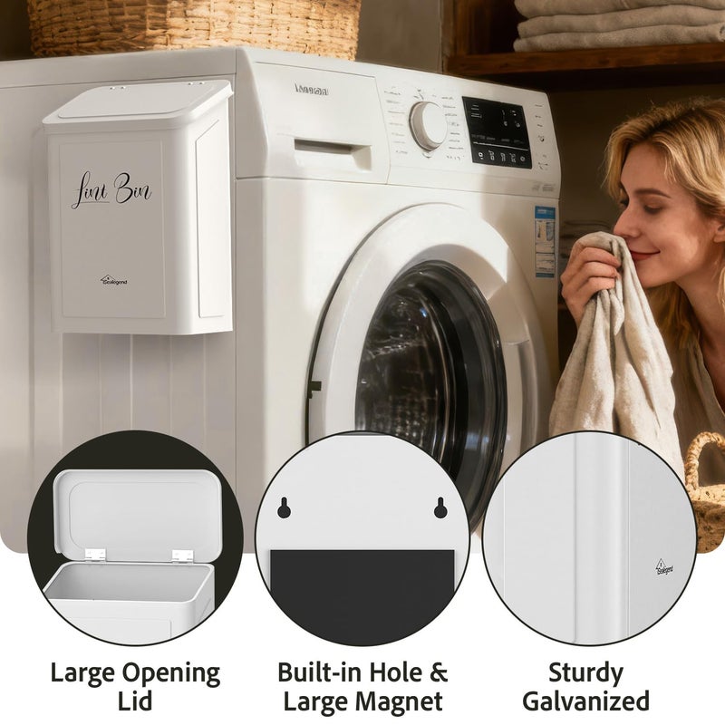 Sealegend Magnetic Lint Bin for Laundry Room with Dryer Lint Brush, Wall Mounted Metal Trash Can with Lid for Dryer, Space-Saving Laundry Organization and Storage, White - Image 4