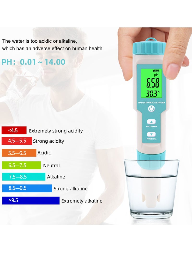 Generic - جهاز اختبار جودة المياه متعدد المعايير 7 في 1 لقياس درجة الحموضة/المواد الصلبة الذائبة/التمثيل الغذائي/معدل الأكسدة/الاختزال/الملوحة/درجة الحرارة مع قطب كهربائي قابل للاستبدال C-600 لقياس درجة الحموضة للمسابح وأحواض المياه الشرب مع إضاءة خلفية - Image 1