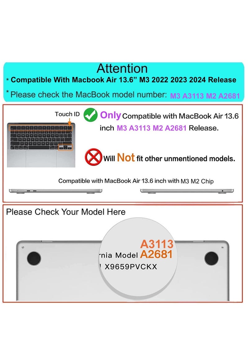 Hard Shell Plastic Case Compatible for MacBook Air 13.6 Inch M3 A3113 M2 A2681 with Retina Display & Touch ID Release 2024 2023 2022