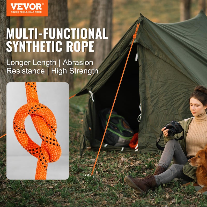 VEVOR Double Braided Polyester Rope, 1/2 in x 220 ft, 48 Strands, 8000 LBS Breaking Strength Outdoor Climbing Rope, Arborist Rigging Rope for Rock Hiking Camping Swing Rappelling Rescue, Orange/Black - Image 2