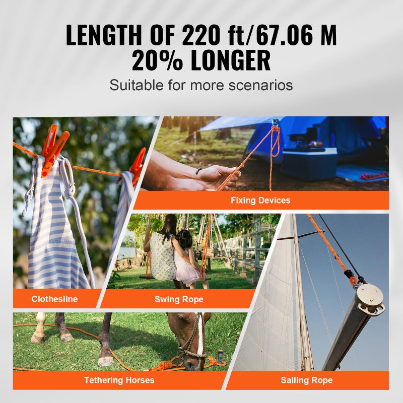 VEVOR Double Braided Polyester Rope, 1/2 in x 220 ft, 48 Strands, 8000 LBS Breaking Strength Outdoor Climbing Rope, Arborist Rigging Rope for Rock Hiking Camping Swing Rappelling Rescue, Orange/Black - Image 4