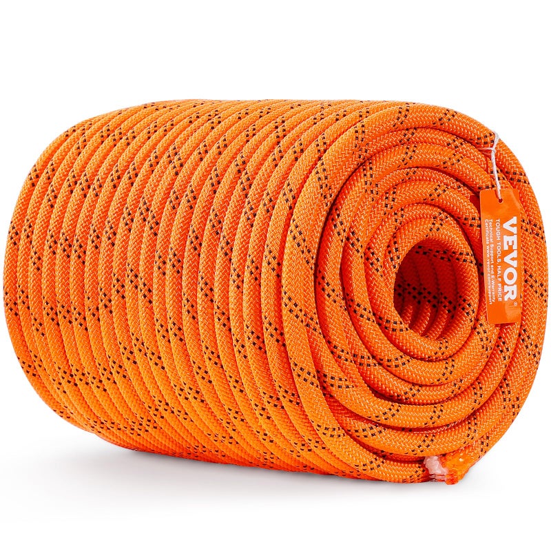 VEVOR Double Braided Polyester Rope, 1/2 in x 220 ft, 48 Strands, 8000 LBS Breaking Strength Outdoor Climbing Rope, Arborist Rigging Rope for Rock Hiking Camping Swing Rappelling Rescue, Orange/Black - Image 1