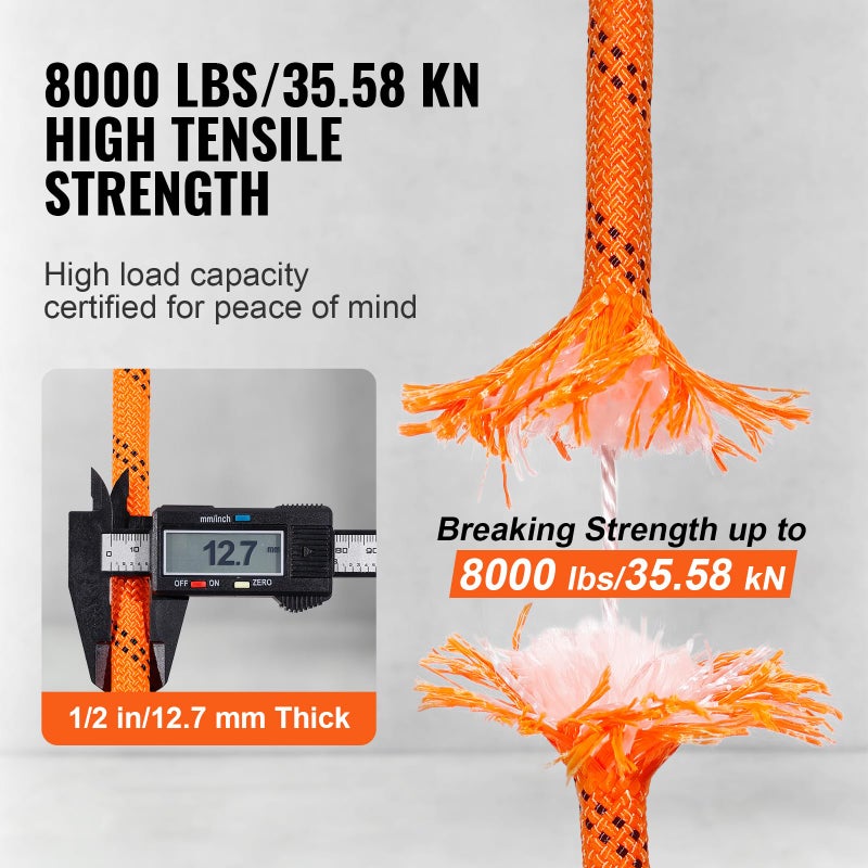 VEVOR Double Braided Polyester Rope, 1/2 in x 220 ft, 48 Strands, 8000 LBS Breaking Strength Outdoor Climbing Rope, Arborist Rigging Rope for Rock Hiking Camping Swing Rappelling Rescue, Orange/Black - Image 5