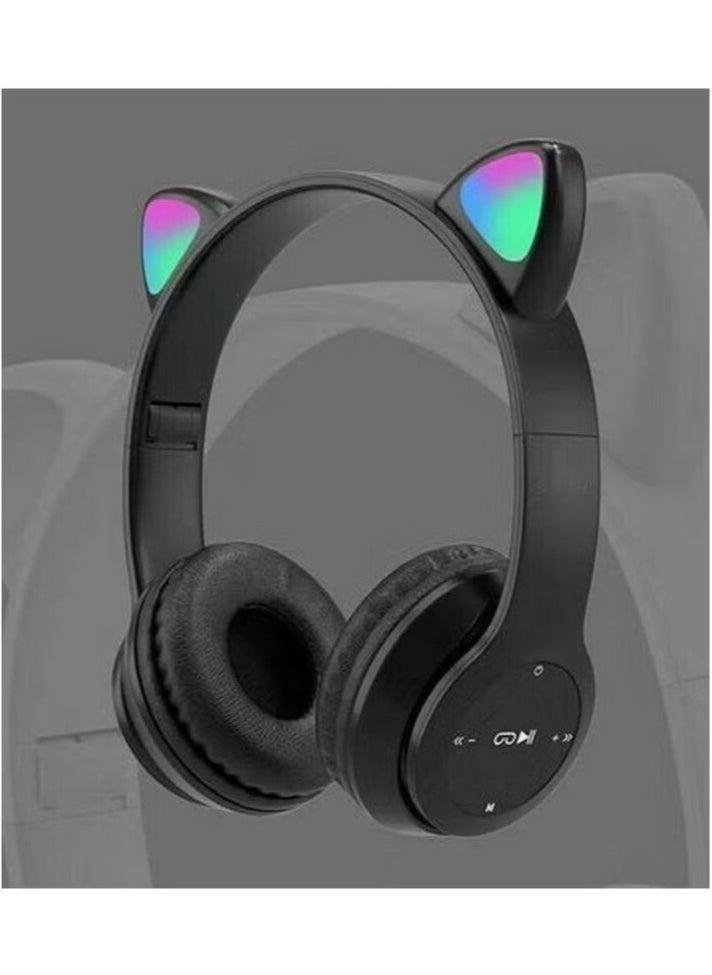 P47 Wireless Bluetooth Headphones P47M (CAT) with Microphone for Kids and Adults,Stereo Cat Ear Design with LED Light and Foldable Memory Card Slot for Girls and Boys - Black  - Image 3