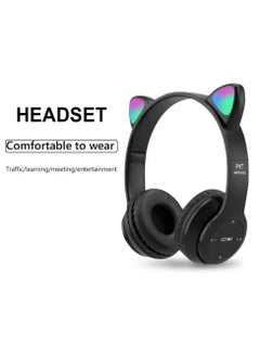P47 Wireless Bluetooth Headphones P47M (CAT) with Microphone for Kids and Adults,Stereo Cat Ear Design with LED Light and Foldable Memory Card Slot for Girls and Boys - Black  - Image 5