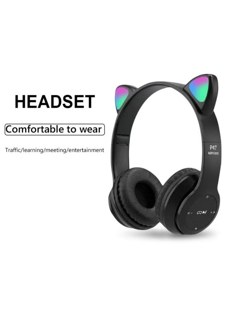 P47 Wireless Bluetooth Headphones P47M (CAT) with Microphone for Kids and Adults,Stereo Cat Ear Design with LED Light and Foldable Memory Card Slot for Girls and Boys - Black  - Image 5