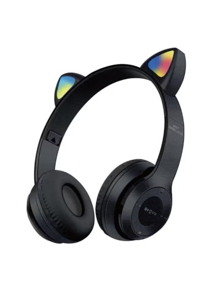 P47 Wireless Bluetooth Headphones P47M (CAT) with Microphone for Kids and Adults,Stereo Cat Ear Design with LED Light and Foldable Memory Card Slot for Girls and Boys - Black  - Image 1