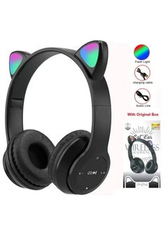 P47 Wireless Bluetooth Headphones P47M (CAT) with Microphone for Kids and Adults,Stereo Cat Ear Design with LED Light and Foldable Memory Card Slot for Girls and Boys - Black  - Image 4