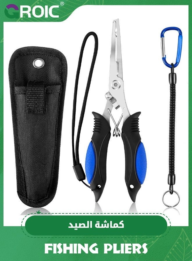 GROIC Fishing Pliers, Stainless Steel Tools, 6.69 inch Split Ring Saltwater Resistant Gear, Carbide Cutters, Hook Remover with Coiled Lanyard and Sheath  - Image 1