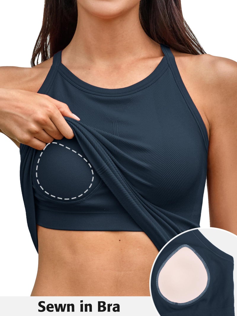 ATTRACO Crew Neck Athletic Tank Tops with Built in Bra for Women Ribbed Slim Fit Racerback Workout Tank Top Dark Navy - Image 4