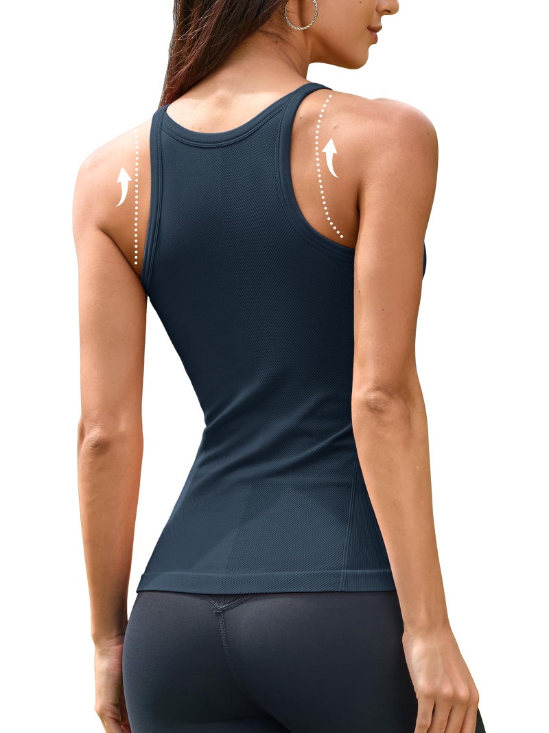 ATTRACO Crew Neck Athletic Tank Tops with Built in Bra for Women Ribbed Slim Fit Racerback Workout Tank Top Dark Navy - Image 2