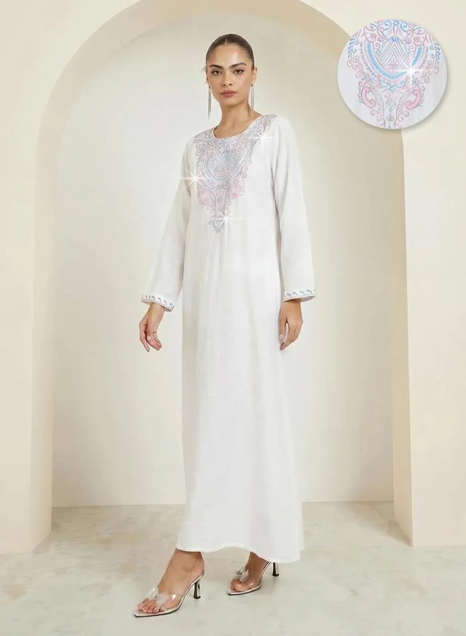 Amirah White Embroidered Yoke Jalabiya with Embellishment