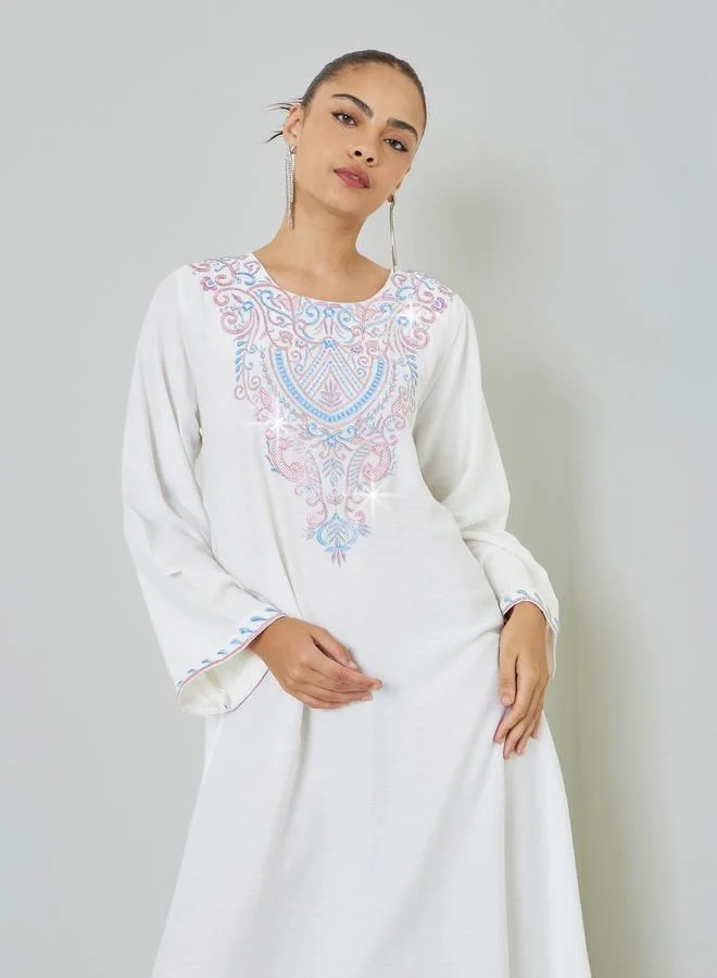 Amirah White Embroidered Yoke Jalabiya with Embellishment