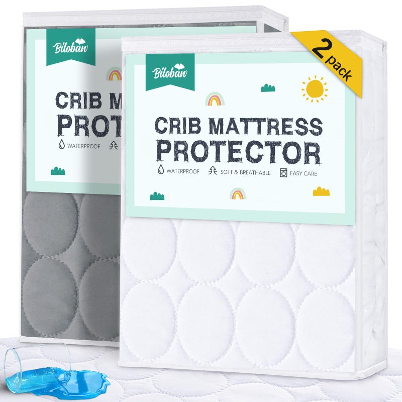 Biloban Crib Mattress Protector 2 Pack, Waterproof, Quilted, Grey & White, Absorbent, Ultra Soft, Noiseless, Durable - Image 1