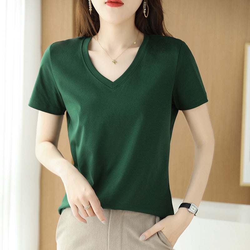 2025 summer new mercerized cotton short sleeve T-shirt womens V-neck womens clothing chicken heart collar jacket combed cotton clothing womens summer Emerald