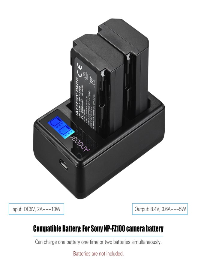 ANDOER LCD2-FZ100 Compact Dual Channel LCD Camera Battery Charger USB Input LCD Display for Sony NP-FZ100 Camera Battery for Sony a9 a7RIII a7III - Image 2