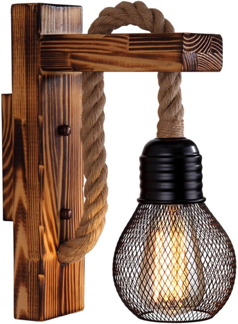 LZ Wooden Wall Light Hemp Rope, Industrial Wall Lamp Lamp Shade, E27 LED Retro Wall Light Living Room Bedside Table Corridor Cafe Bar(Without Bulb) - Image 1