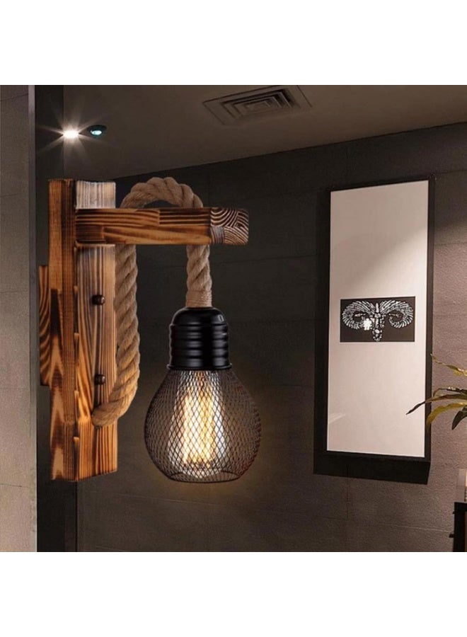 LZ Wooden Wall Light Hemp Rope, Industrial Wall Lamp Lamp Shade, E27 LED Retro Wall Light Living Room Bedside Table Corridor Cafe Bar(Without Bulb) - Image 2