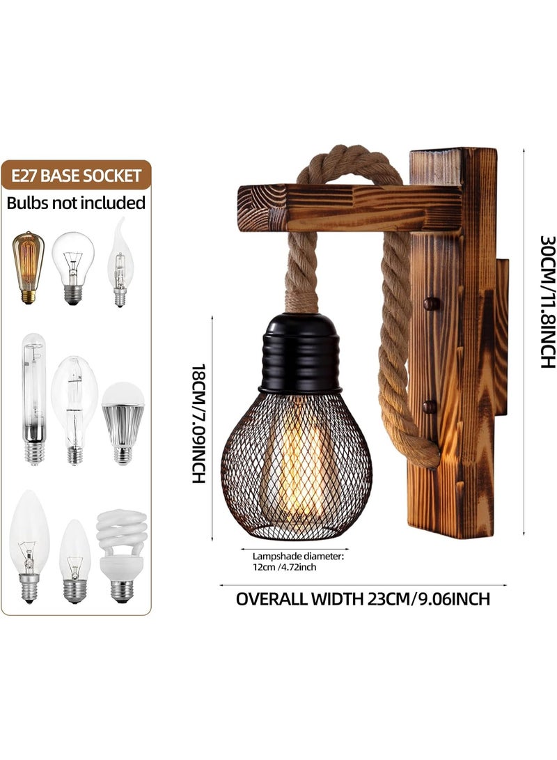 LZ Wooden Wall Light Hemp Rope, Industrial Wall Lamp Lamp Shade, E27 LED Retro Wall Light Living Room Bedside Table Corridor Cafe Bar(Without Bulb) - Image 5