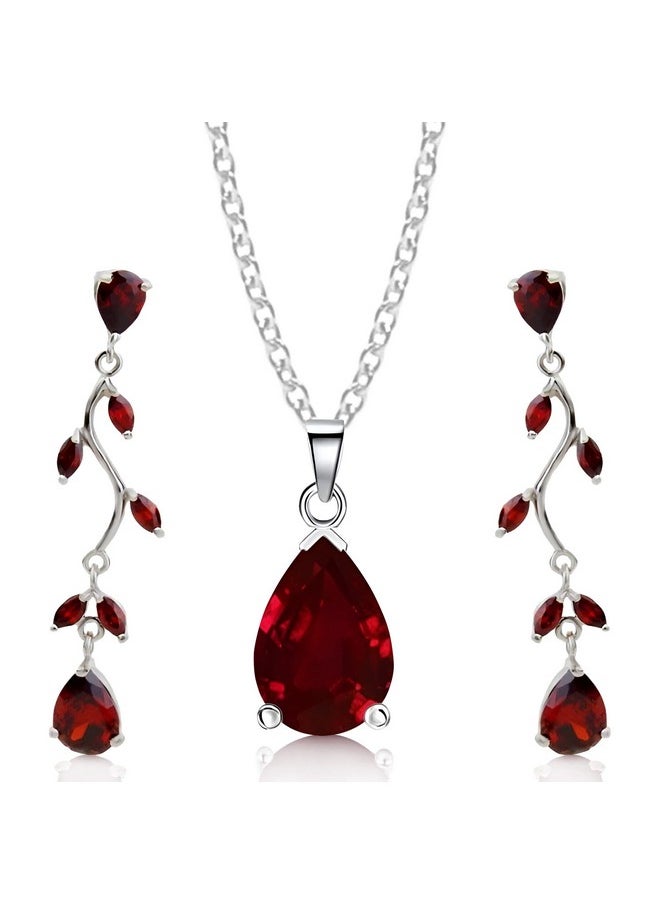 Crystalline Azuria Teardrops Set With Red Zirconia Crystals Necklace 18 Inches Dangle Earrings 18K White Gold Plated For Women  - Image 1