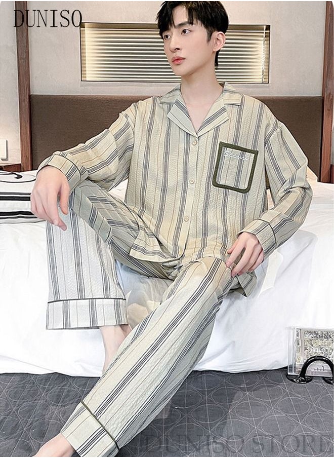 DUNISO - Men's Soft Pajamas Set Long Sleeve Silky Sleepwear Loungewear Button-Down Night Suit Home Wear Set for Spring and Autumn Soft Loose Male's Nightwear for Boy Friend and Husband - Image 1