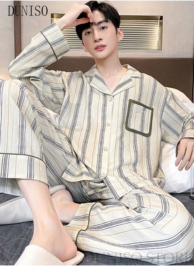 DUNISO - Men's Soft Pajamas Set Long Sleeve Silky Sleepwear Loungewear Button-Down Night Suit Home Wear Set for Spring and Autumn Soft Loose Male's Nightwear for Boy Friend and Husband - Image 1