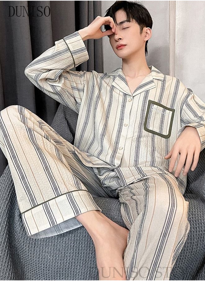 DUNISO - Men's Soft Pajamas Set Long Sleeve Silky Sleepwear Loungewear Button-Down Night Suit Home Wear Set for Spring and Autumn Soft Loose Male's Nightwear for Boy Friend and Husband - Image 1