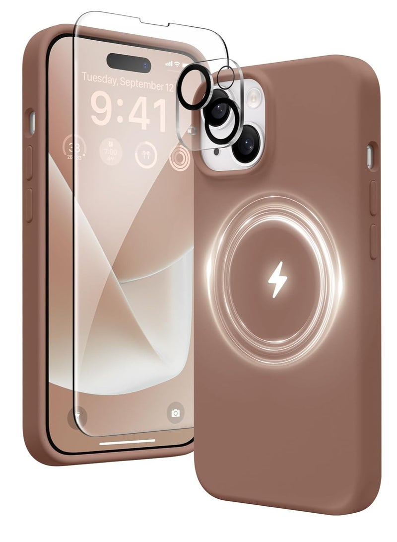 ELTRAZONE  5 in 1 for iPhone 15 Case Magnetic, Compatible with Magsafe, with 2X[Screen Protectors + Camera Lens Proctetors], Slim Full Body Case, Skin-Like Silicone Phone Case 6.1",Brown - Image 1