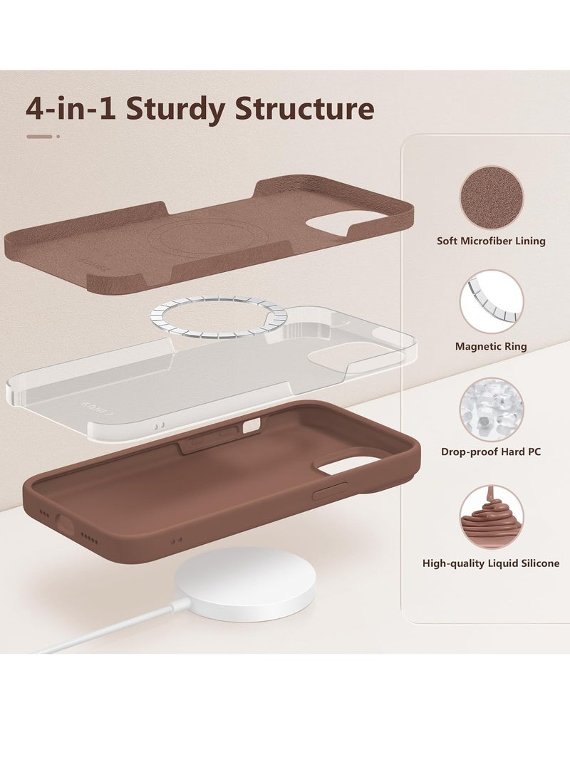 ELTRAZONE  5 in 1 for iPhone 15 Case Magnetic, Compatible with Magsafe, with 2X[Screen Protectors + Camera Lens Proctetors], Slim Full Body Case, Skin-Like Silicone Phone Case 6.1",Brown - Image 3
