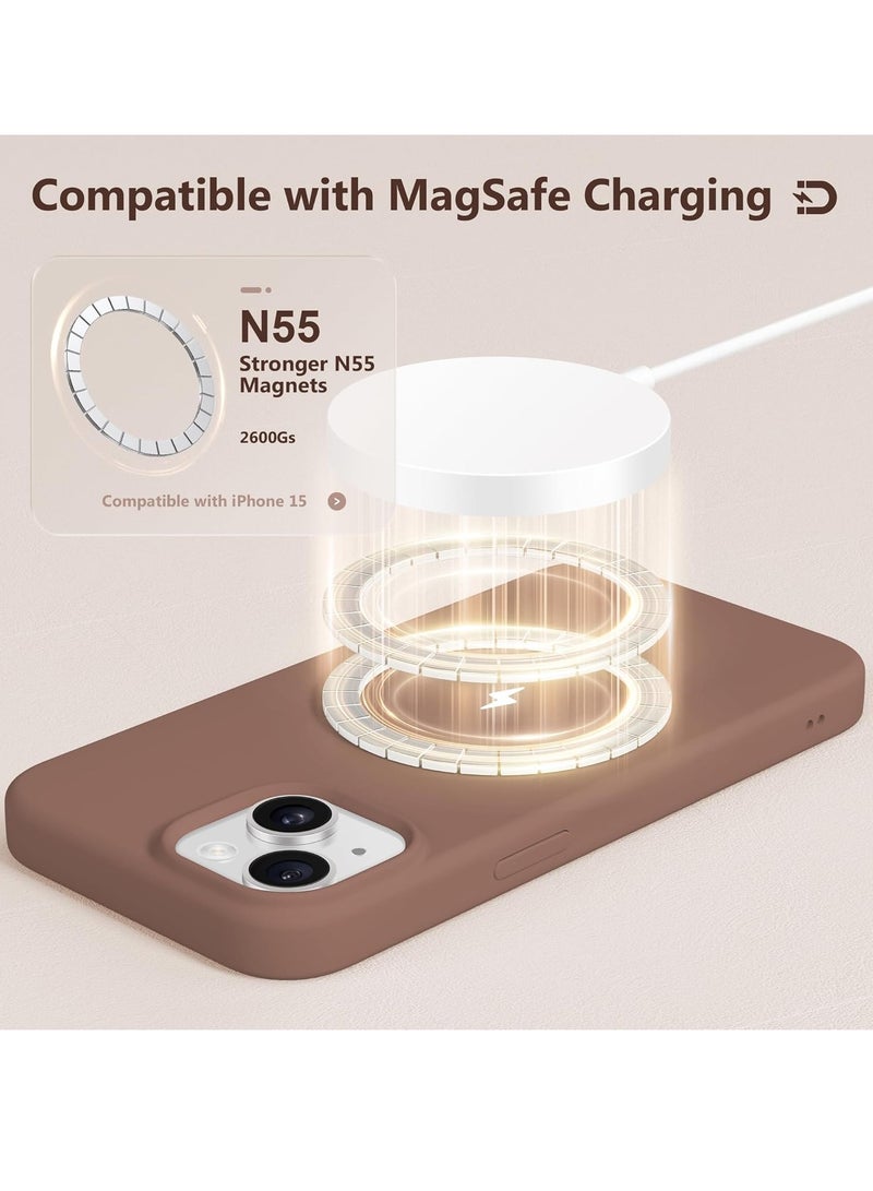 ELTRAZONE  5 in 1 for iPhone 15 Case Magnetic, Compatible with Magsafe, with 2X[Screen Protectors + Camera Lens Proctetors], Slim Full Body Case, Skin-Like Silicone Phone Case 6.1",Brown - Image 4