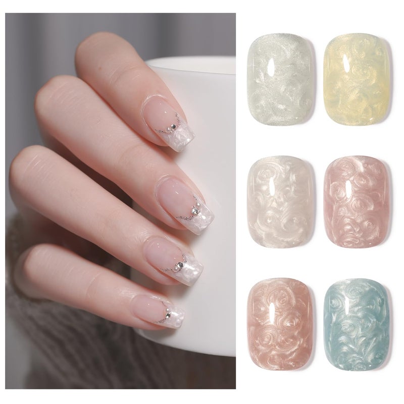 GAOY Pearl Gel Nail Polish Set, 6 Colors Shimmer Mermaid, Pink White Blue Soak Off UV Gel Polish Kit, Baroque Pearl - Image 1