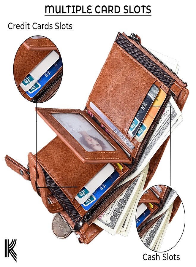 Kraptick Jinbaolai Double Zipper Multipurpose Stylish Casual Artificial Leather Wallet for Men (Brown) - Image 4
