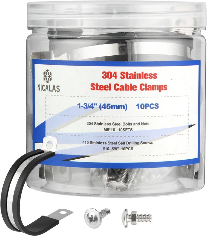 Nicalas 10pcs 1-3/4 Inch Stainless Steel Cable Clamps And Stainless Screws,Rubber Coated Cushioned Insulated Cable Clamp,Automotive Cable Wire Clamps,Pipe Clamps - Image 1