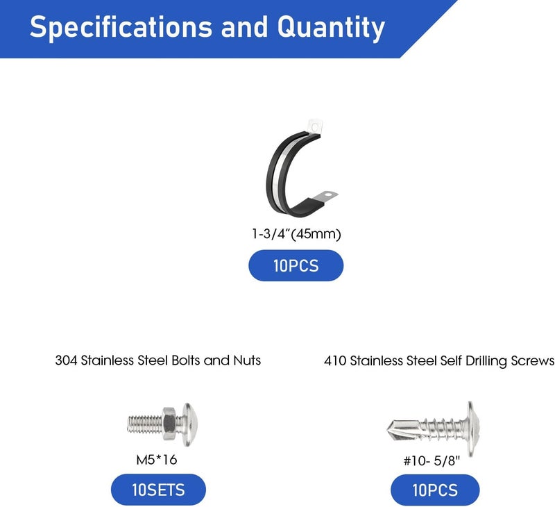 Nicalas 10pcs 1-3/4 Inch Stainless Steel Cable Clamps And Stainless Screws,Rubber Coated Cushioned Insulated Cable Clamp,Automotive Cable Wire Clamps,Pipe Clamps - Image 2
