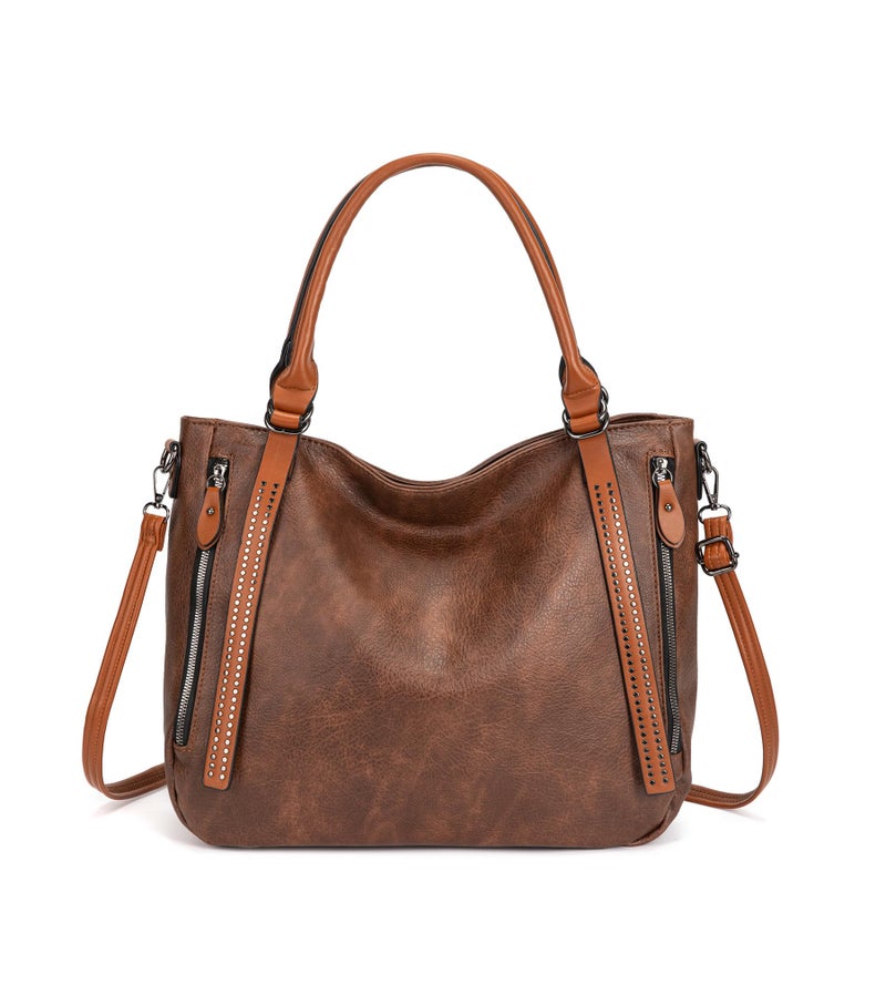 My Friday myfriday Vintage Slouchy Tote Bag for Women, Large Vegan Leather Hobo Shoulder Bag Satchel Purse with Adjustable Strap (Dark brown) - Image 1