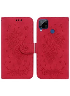 HuHa Case Cover For Realme C15 / C12 / Narzo 20 Butterfly Rose Embossed Leather Phone Case Red 