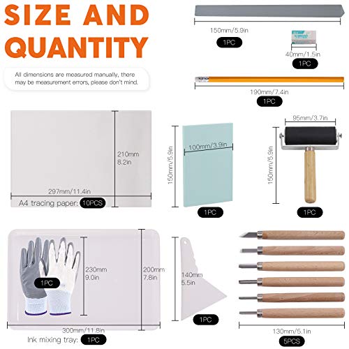 Rustark 24 Pieces Block Printing Starter Tool Kit with Whetstone, Stamp Block, Carving Tools, Tracing Papers,Pencil, Gloves,Eraser and Scrapper, Rubber Stamp Making Kit for Stamping and Printmaking - Image 2