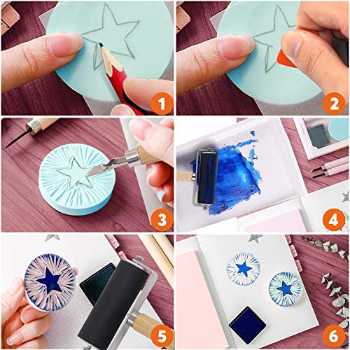 Rustark 24 Pieces Block Printing Starter Tool Kit with Whetstone, Stamp Block, Carving Tools, Tracing Papers,Pencil, Gloves,Eraser and Scrapper, Rubber Stamp Making Kit for Stamping and Printmaking - Image 5