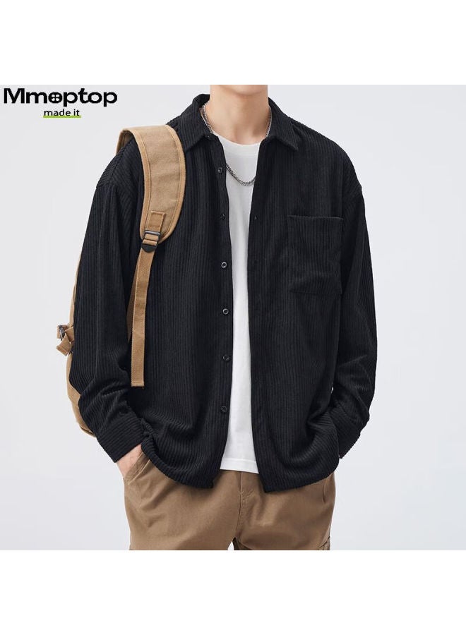 Mmoptop Vintage Corduroy Striped Long-sleeve Shirt Jacket, Trendy Men's Spring And Autumn Casual Outerwear, Cs30, Black, M - Image 2