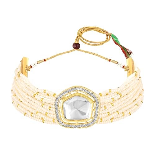 Mahi Traditional Kundan Choker Necklace Set for Women | Artificial Pearl Beaded Gold-Plated Jewelry with Earrings | Wedding (NL1108143GWhi) - Image 3