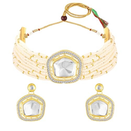 Mahi Traditional Kundan Choker Necklace Set for Women | Artificial Pearl Beaded Gold-Plated Jewelry with Earrings | Wedding (NL1108143GWhi) - Image 1