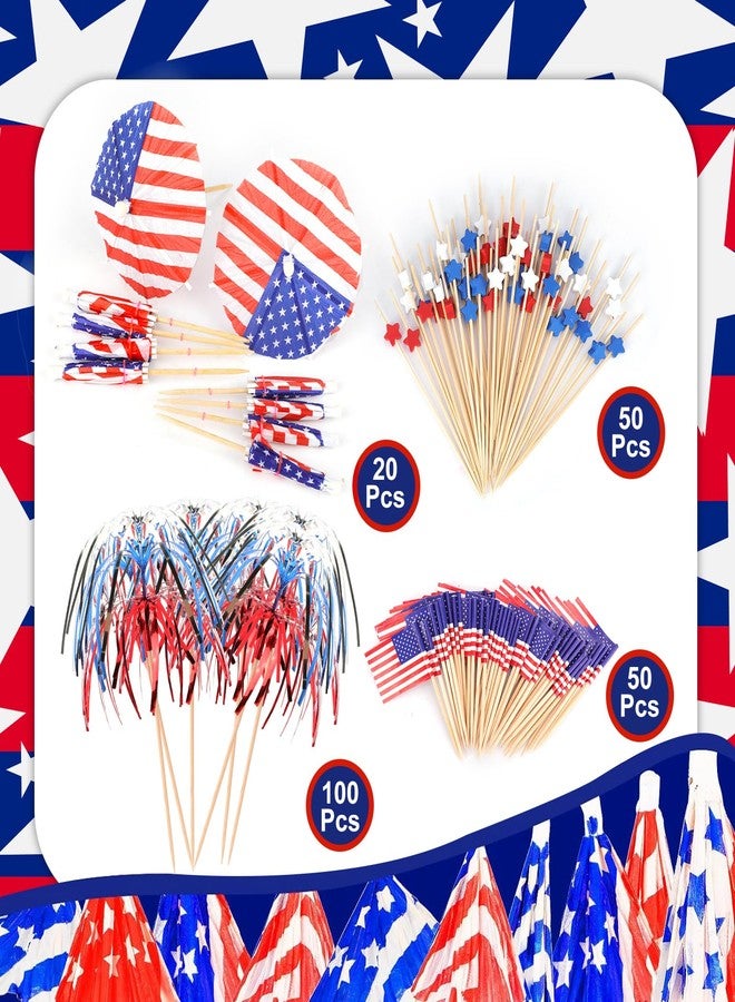 HOWAF 220pcs 4th of July Cocktail Picks USA Flag Drink Umbrellas Fruit Sticks Toothpicks Red Blue White Star Picks for Independence Day Party Drink Decorations, Patriotic Party Food Drink Pick - Image 2